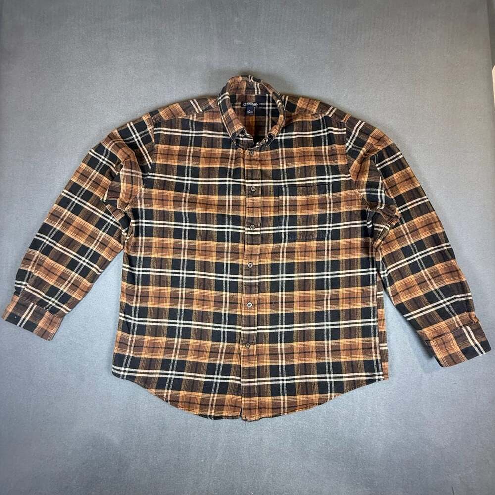 Consensus Men's Brown Plaid Button Down Long Sleeve Flannel Shirt Large